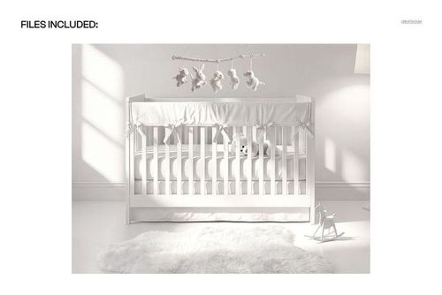 PSD mockup of a nursery with a white crib, rail cover, crib skirt, soft rug, and decorative mobile in a bright room.