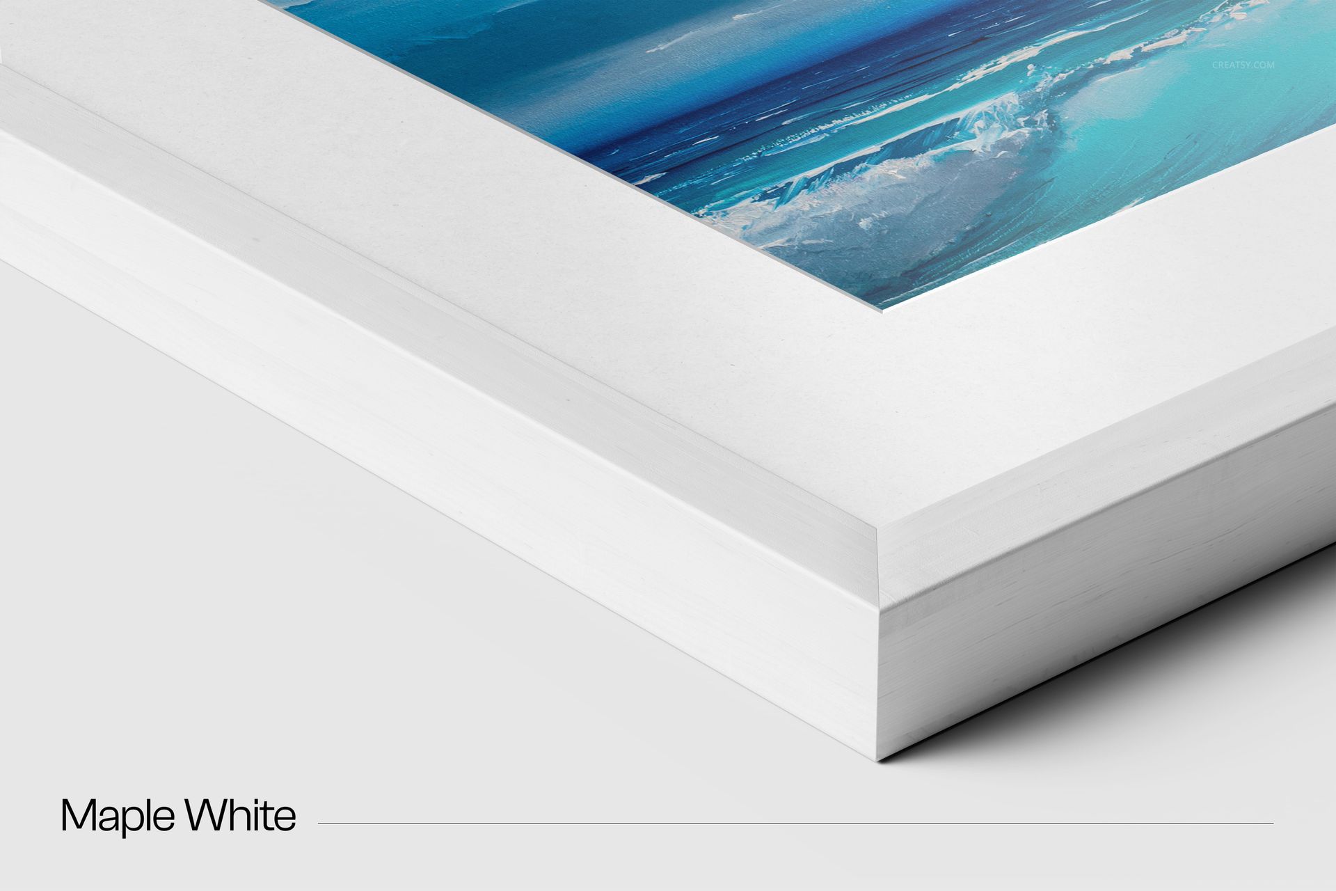 Close-up view of a solid wooden frame with a white finish, showcasing a blue-toned print in a PSD mockup scene.