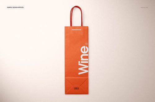 Eurotote wine tote bag mockup in orange, shown from above with upright handles and white lettering on the front.