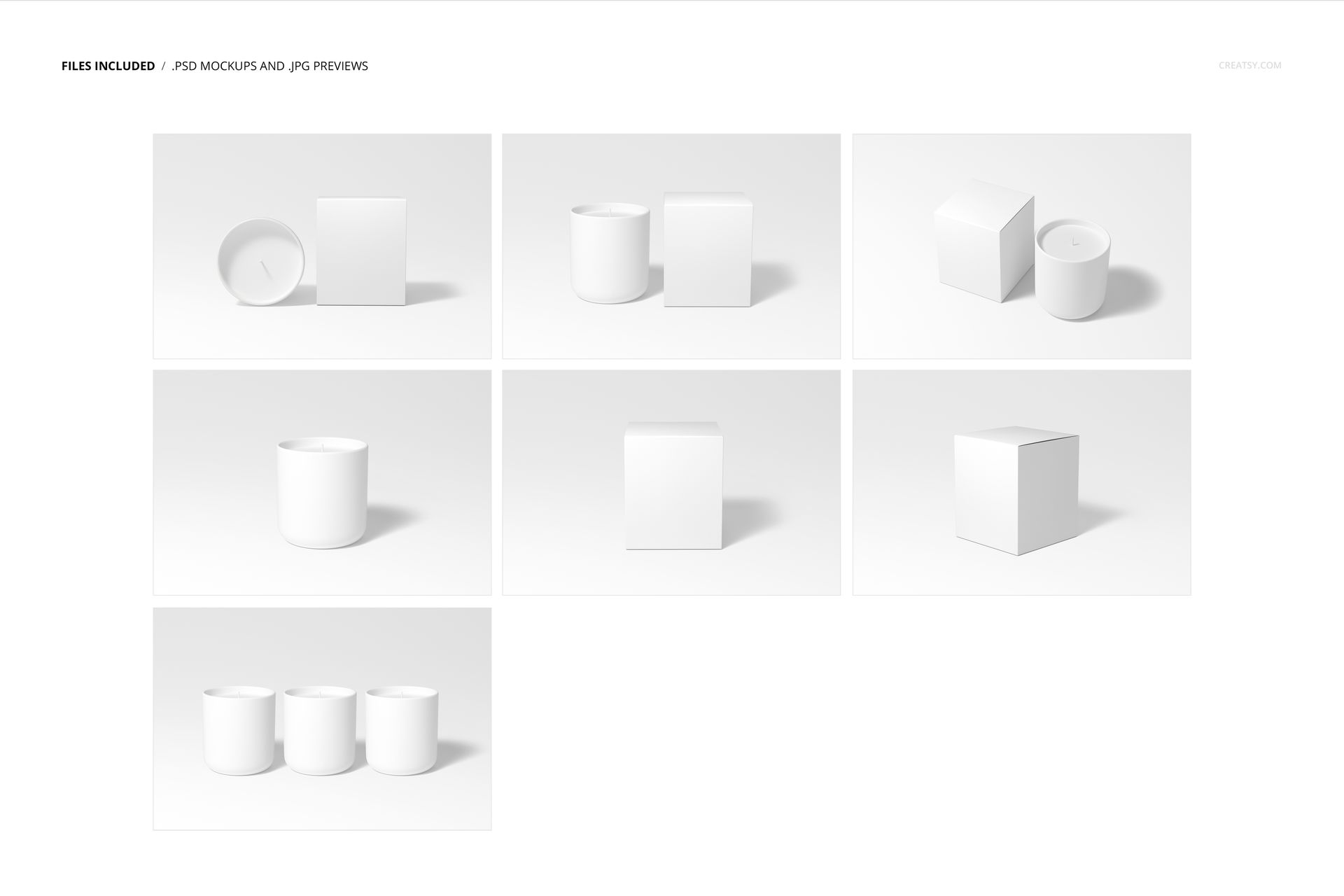 Nordic style candle mockup set featuring white vessel candles and boxes on a plain white background, front and top views.