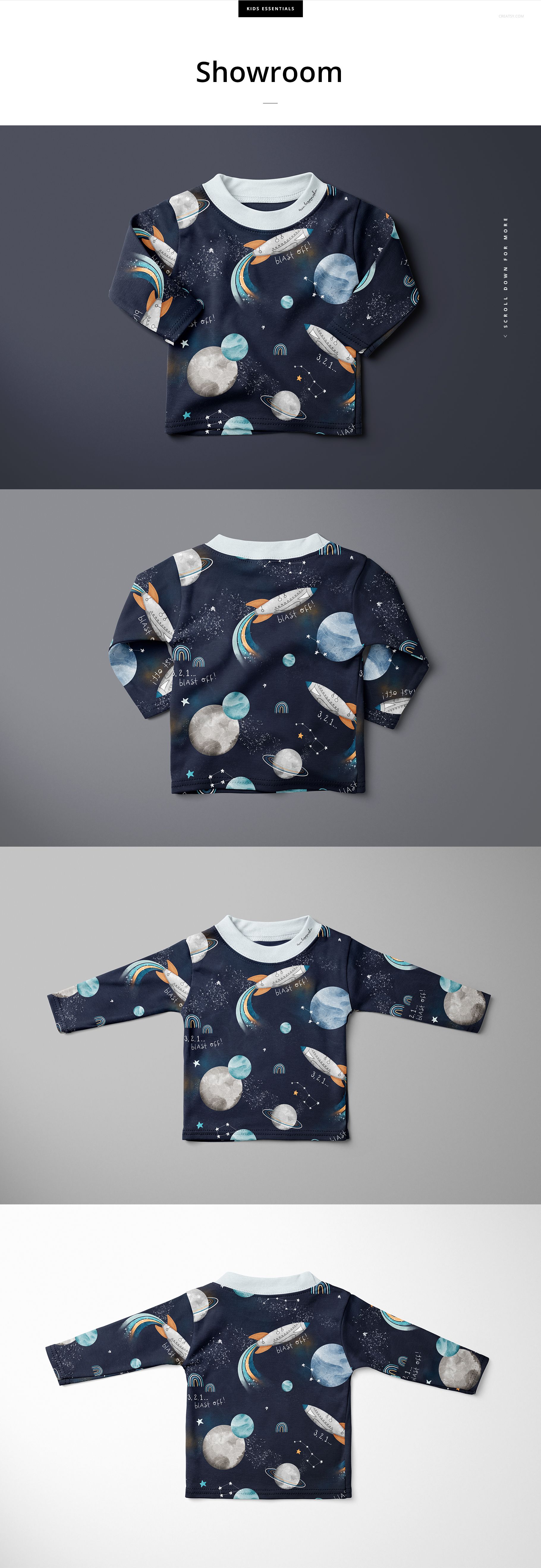 Front view of a baby long-sleeve sweatshirt mockup featuring a space-themed pattern with planets and rockets.