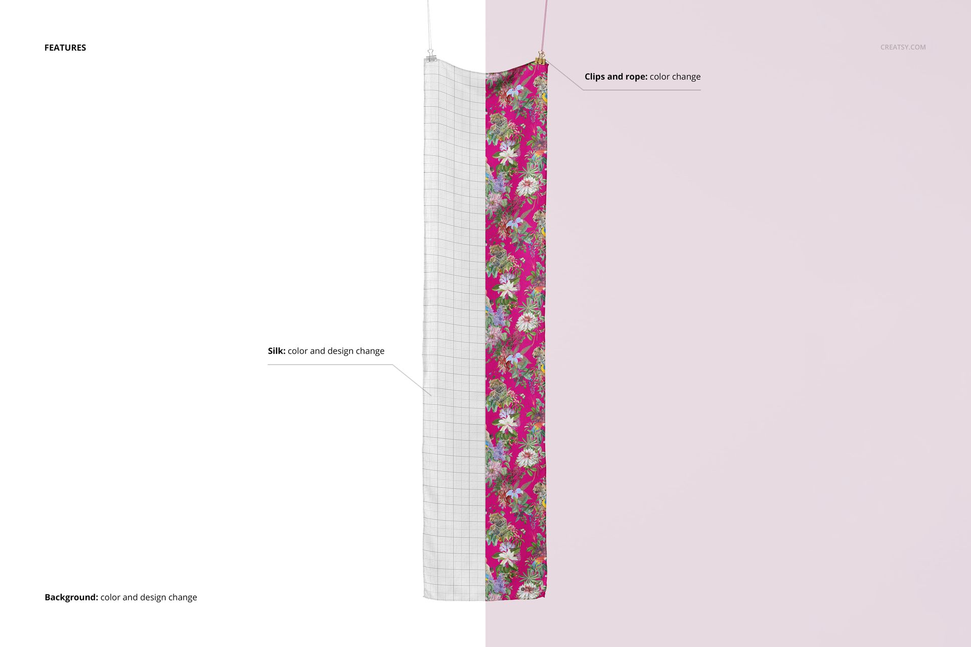 Long rectangular silk scarf mockup displayed vertically, half with a grid pattern and half with a vibrant pink floral design.