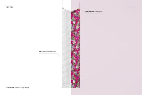 Long rectangular silk scarf mockup displayed vertically, half with a grid pattern and half with a vibrant pink floral design.