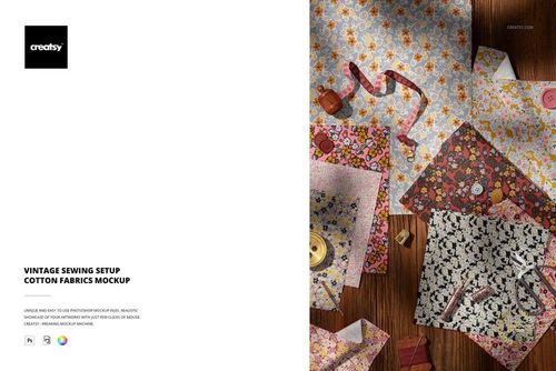 Vintage style cotton fabric mockup showing multiple patterned textiles and sewing accessories from a top perspective.