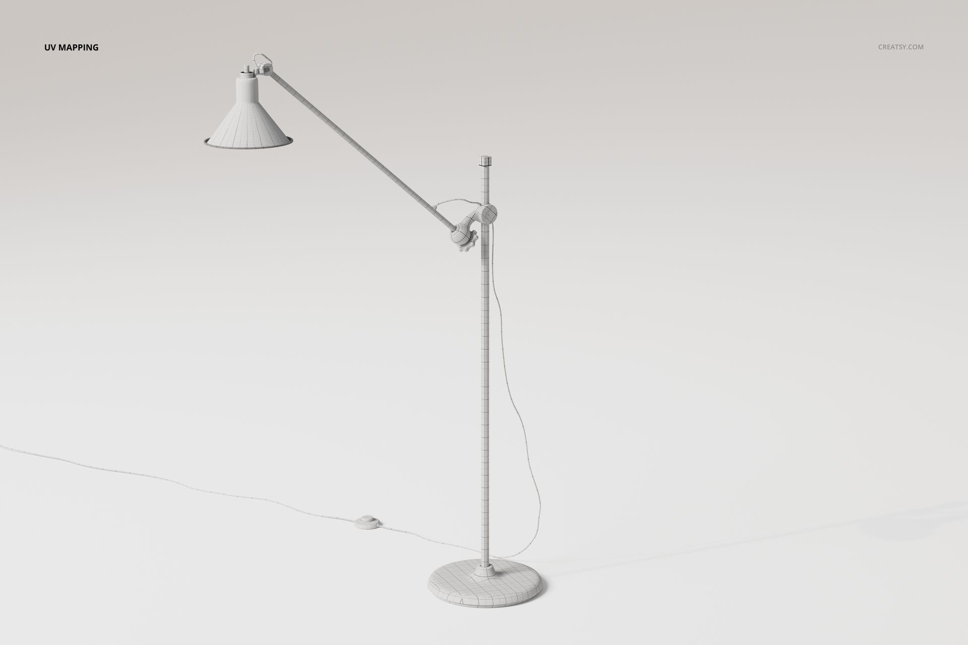 Adjustable industrial floor lamp 3D model in a neutral setting, featuring a long arm and circular base, shown from a side view.