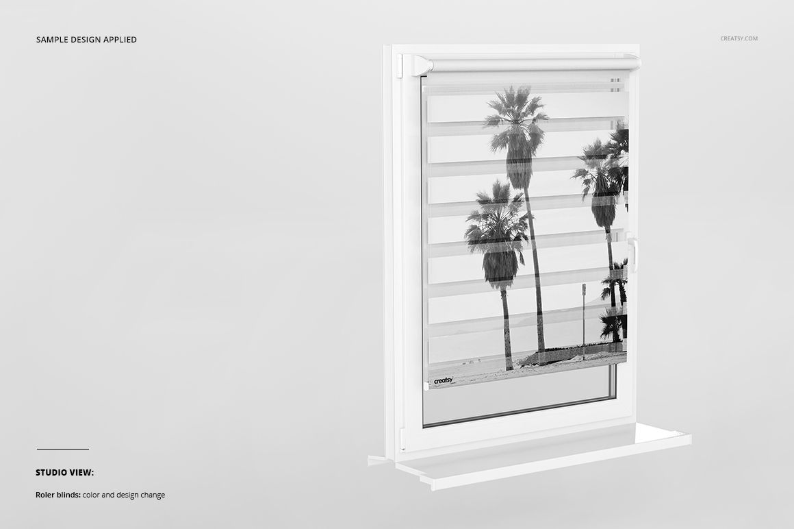 Front view of a roller blind mockup with a palm tree design, mounted on a white window frame against a light background.