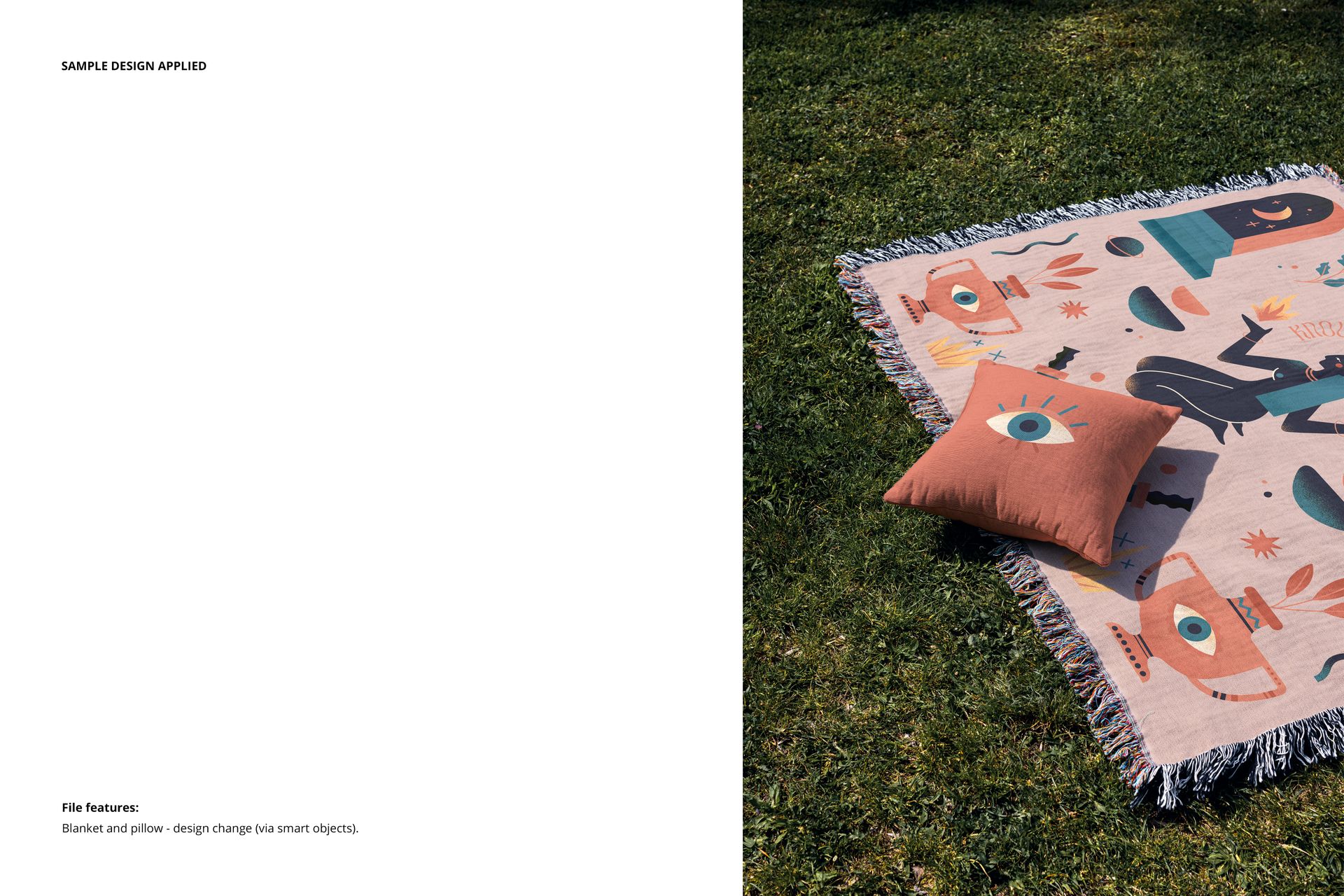 Fringed jacquard throw blanket mockup featuring a vibrant design, displayed outdoors on a grassy surface with a pillow.