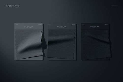 Fabric swatches mockup featuring three rectangular samples with serrated edges, arranged on a dark background.