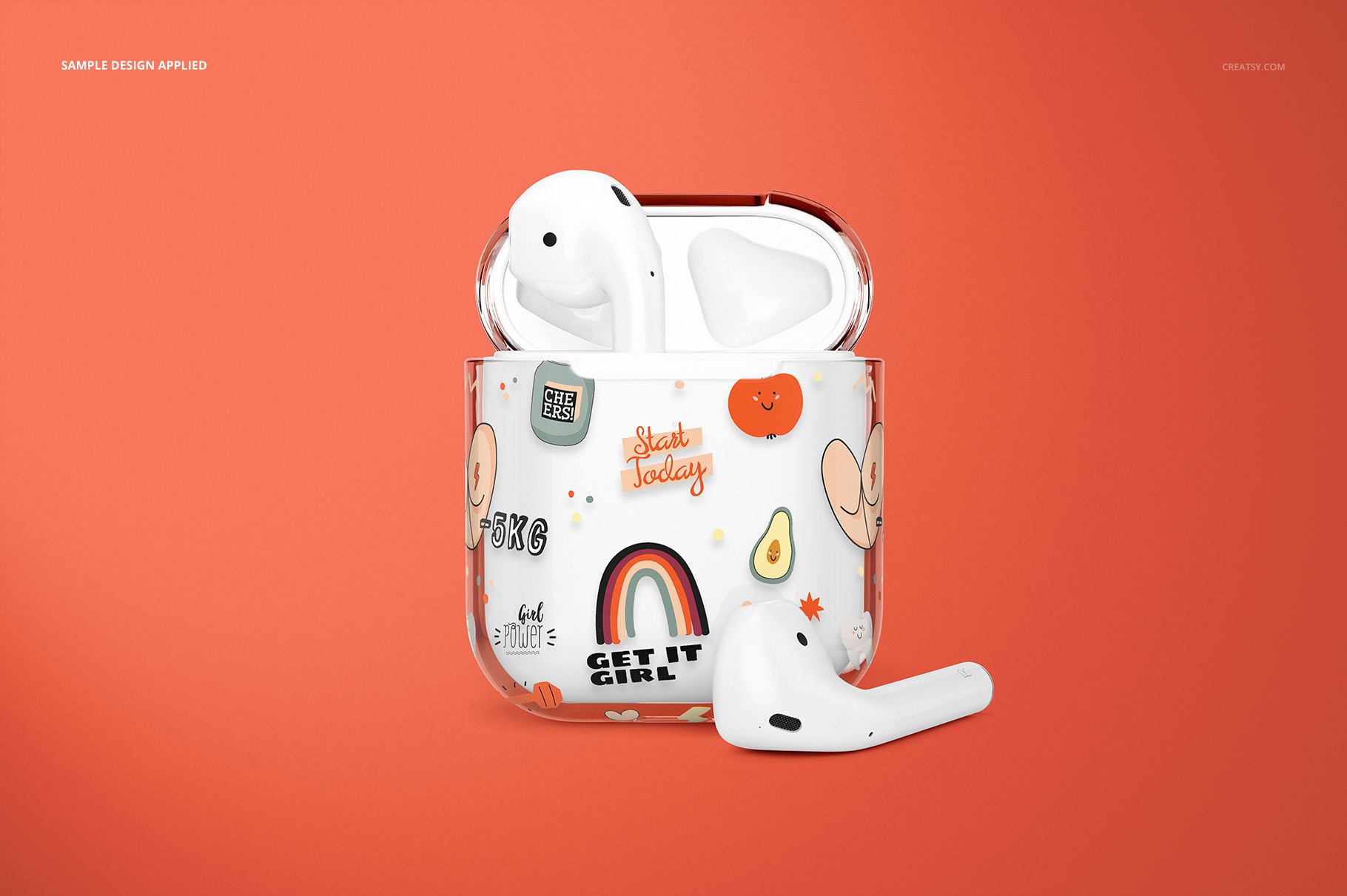 Clear AirPods case mockup with colorful doodle designs, shown from the front on an orange background with one AirPod outside.