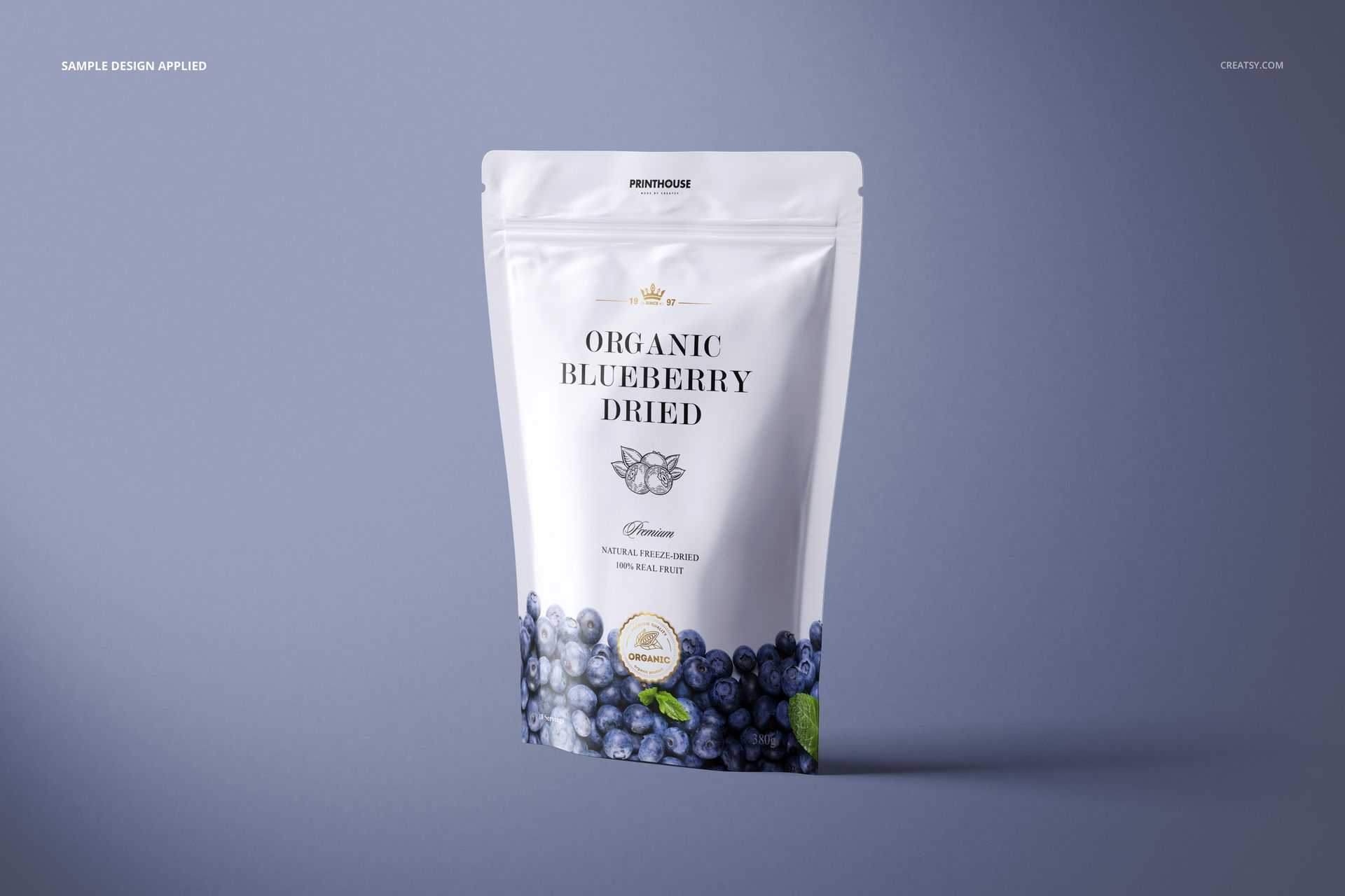 Front-facing matte zip lock pouch mockup featuring white packaging with blueberry graphics and minimalistic text.