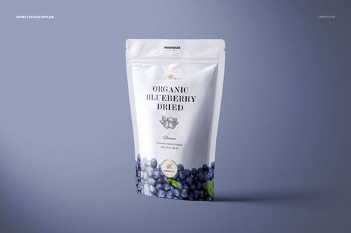 Front-facing matte zip lock pouch mockup featuring white packaging with blueberry graphics and minimalistic text.