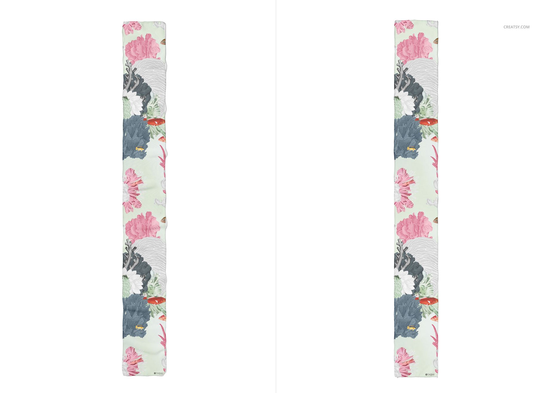 Long chiffon silk scarf mockup featuring a floral pattern in pink, green, and gray, shown from a top view on white.