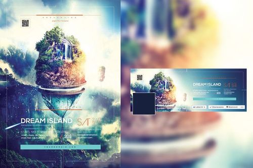 Front view of a poster mockup featuring a floating island with lush greenery, waterfalls, and clouds in a surreal landscape.