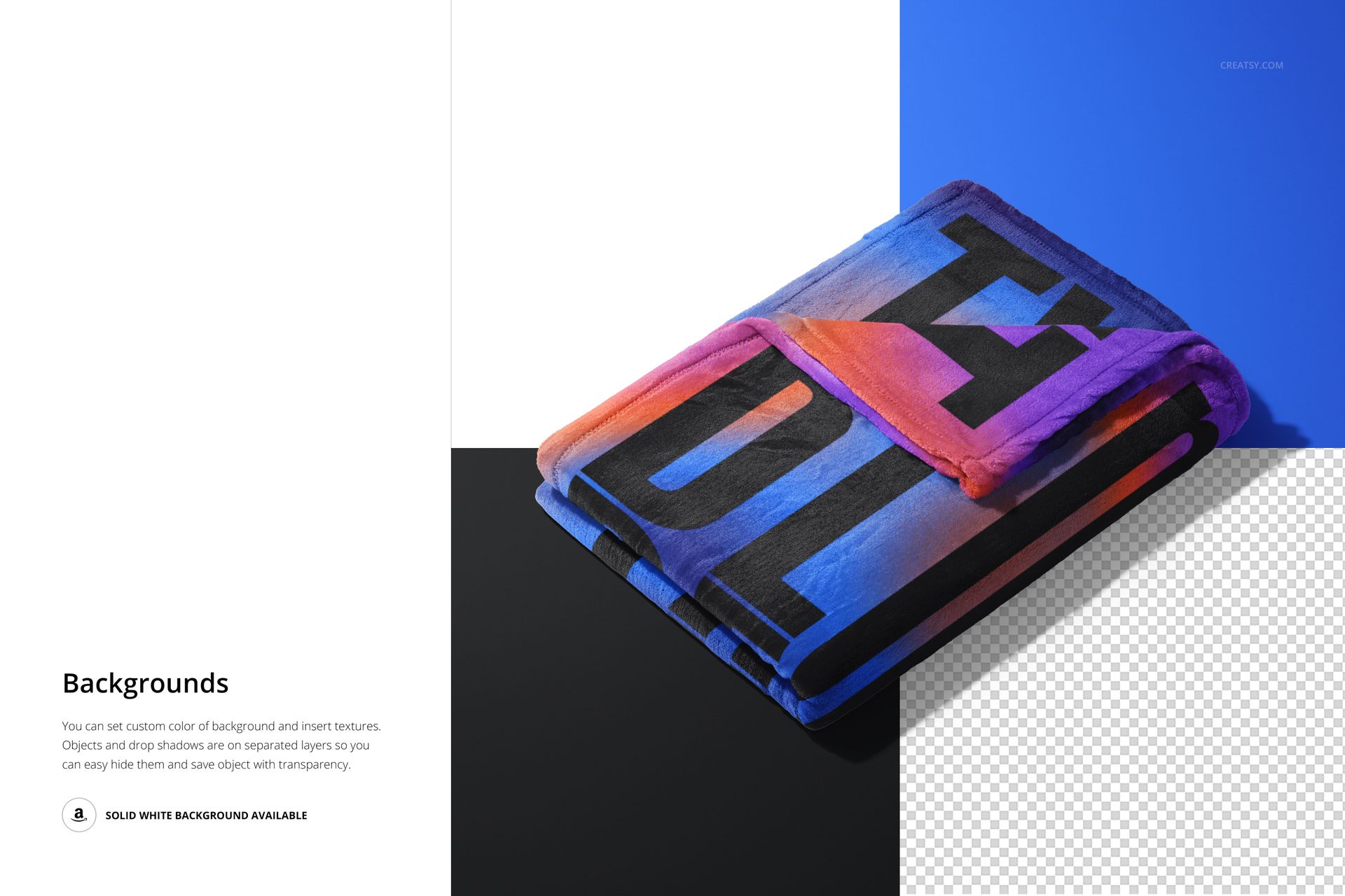 Fleece blanket mockup featuring a folded textile with vivid blue, purple, and orange hues and large black lettering.