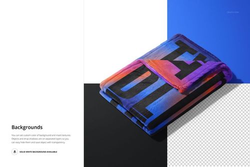 Fleece blanket mockup featuring a folded textile with vivid blue, purple, and orange hues and large black lettering.