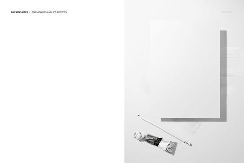 Textured drawing paper mockup displayed from above with a paintbrush and tube of paint on a neutral background.