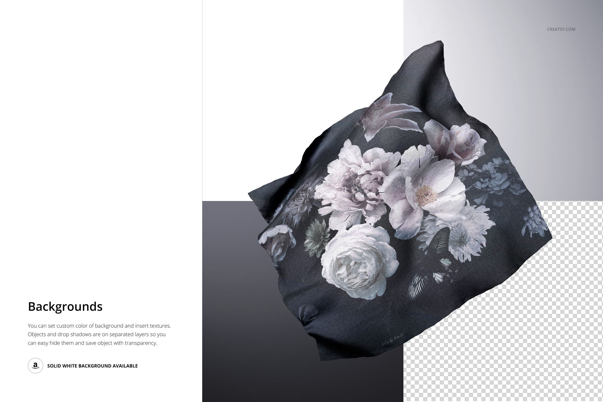 PSD mockup of a square fabric with large white flowers, presented floating above a geometric background.