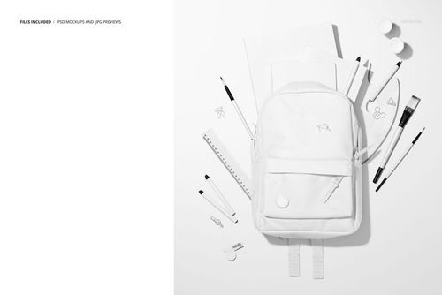 PSD mockup showing a white backpack with assorted stationery items including paper, brushes, and pencils arranged neatly.