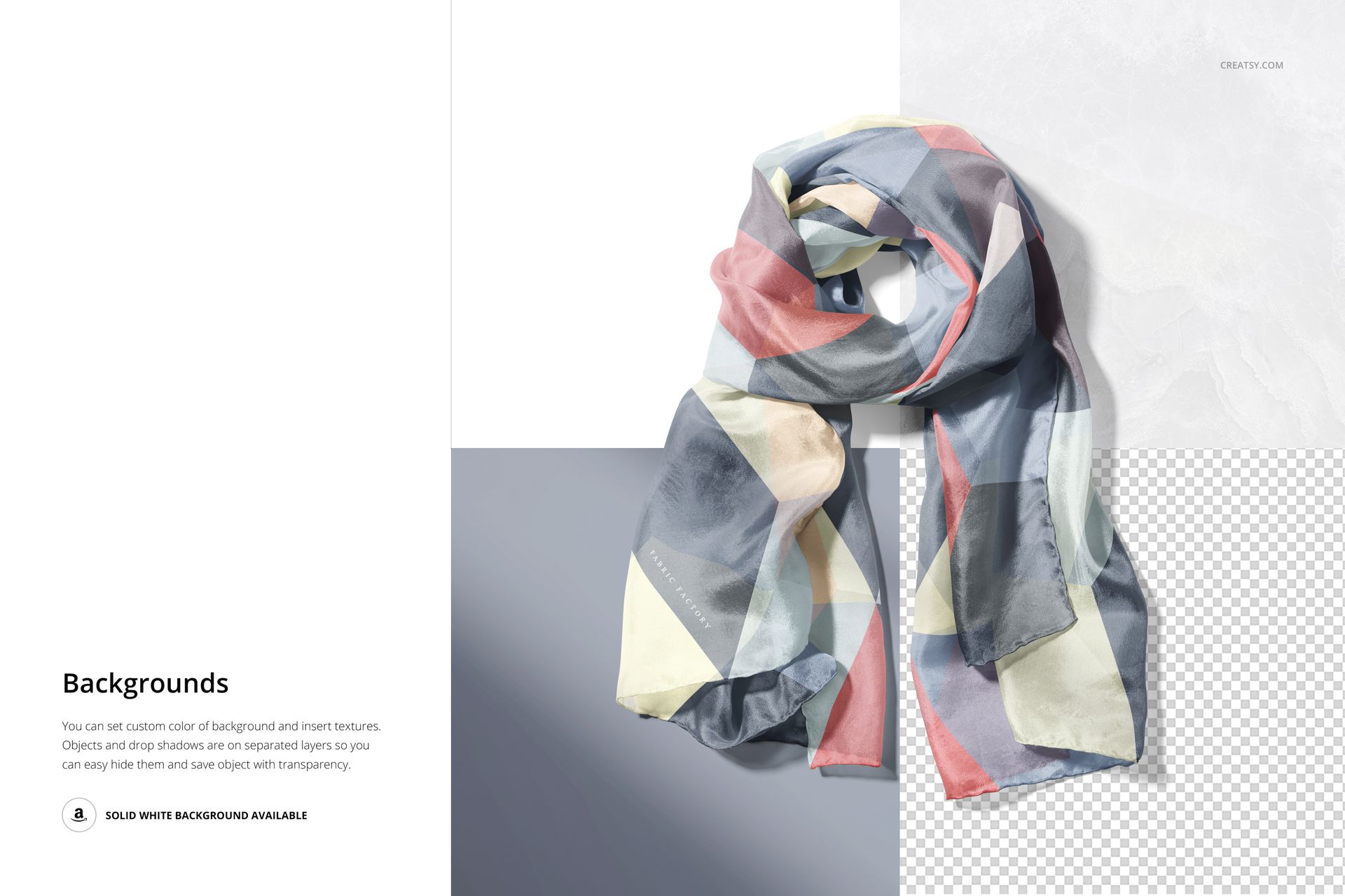 Mockup of a chiffon silk scarf featuring abstract shapes in soft colors, displayed on a textured surface.
