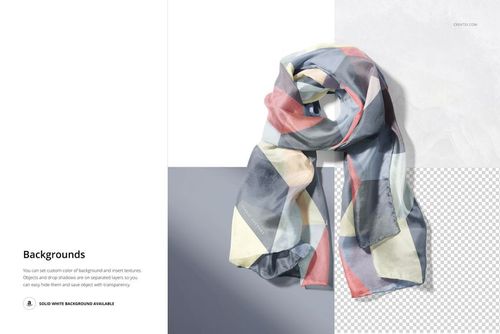 Mockup of a chiffon silk scarf featuring abstract shapes in soft colors, displayed on a textured surface.