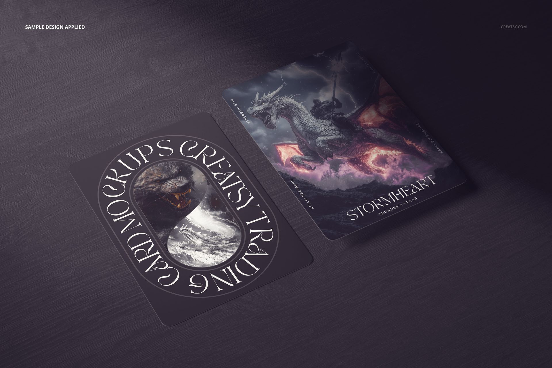 Trading card PSD mockup set showing a close-up of two cards with fantasy illustrations on a textured dark background.