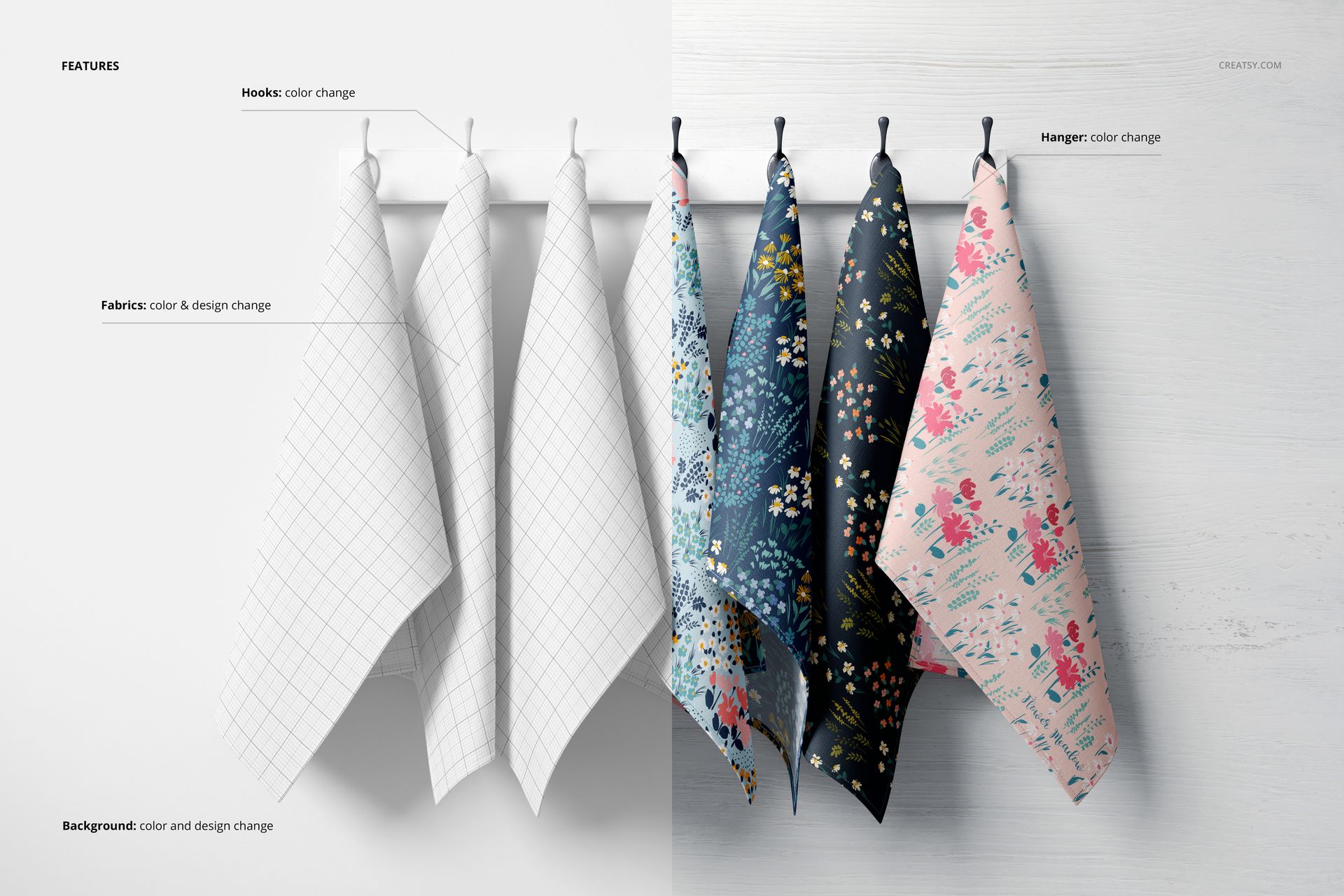 Front view of five tea towels on black hooks, showcasing grid and floral designs with editable mockup features.
