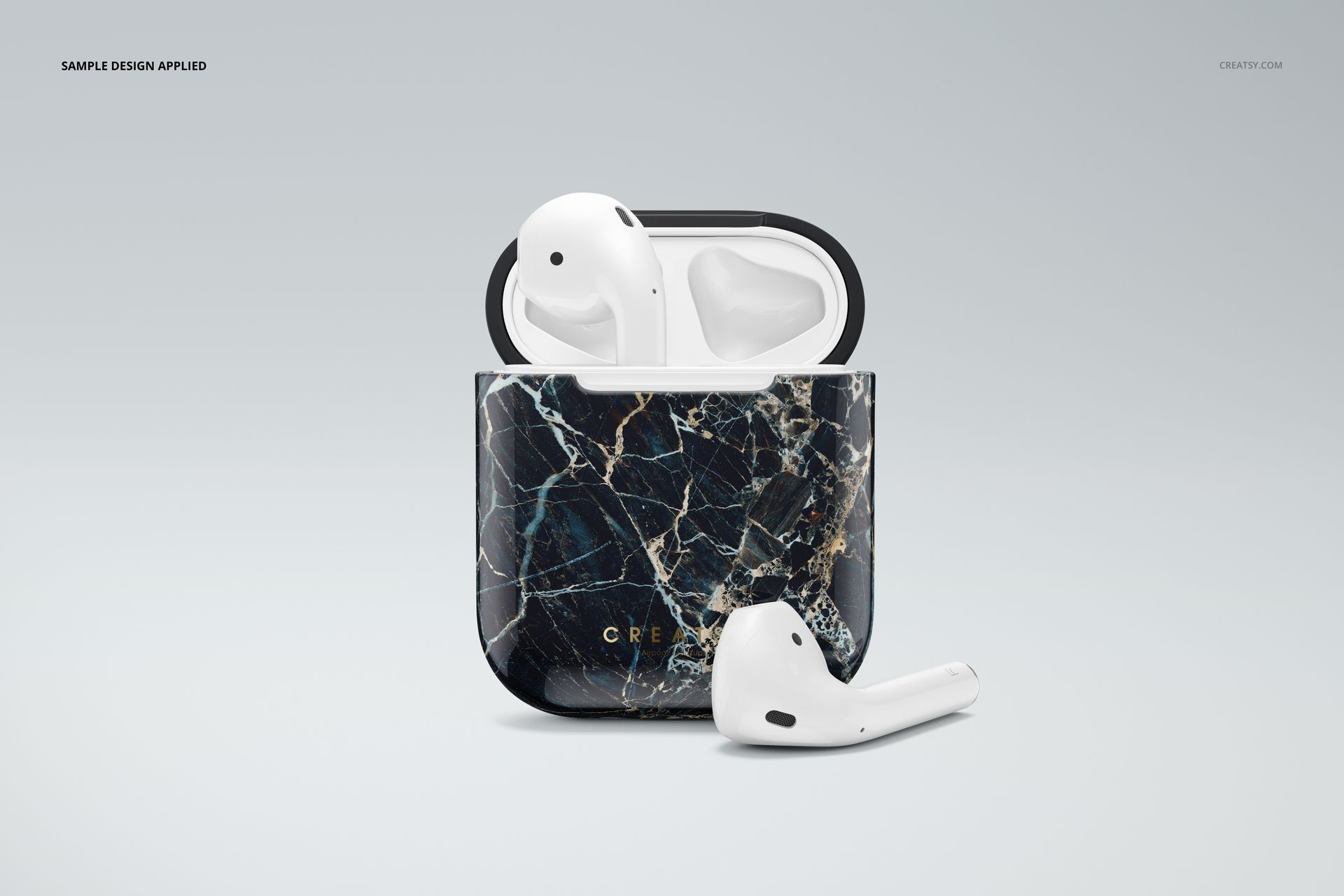 AirPods case mockup featuring a dark marble design, open lid, and two white AirPods against a neutral backdrop.
