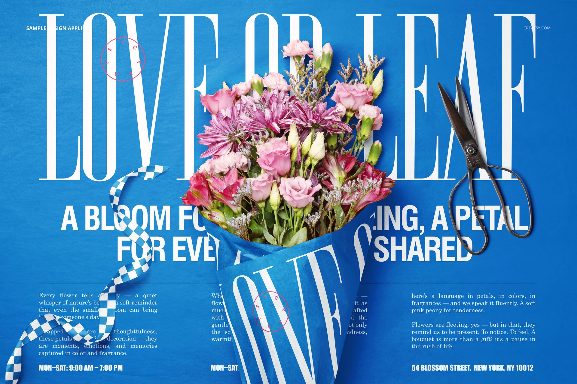 PSD mockup showing a mixed flower bouquet in blue wrap, with ribbon and scissors, against a bold blue backdrop.
