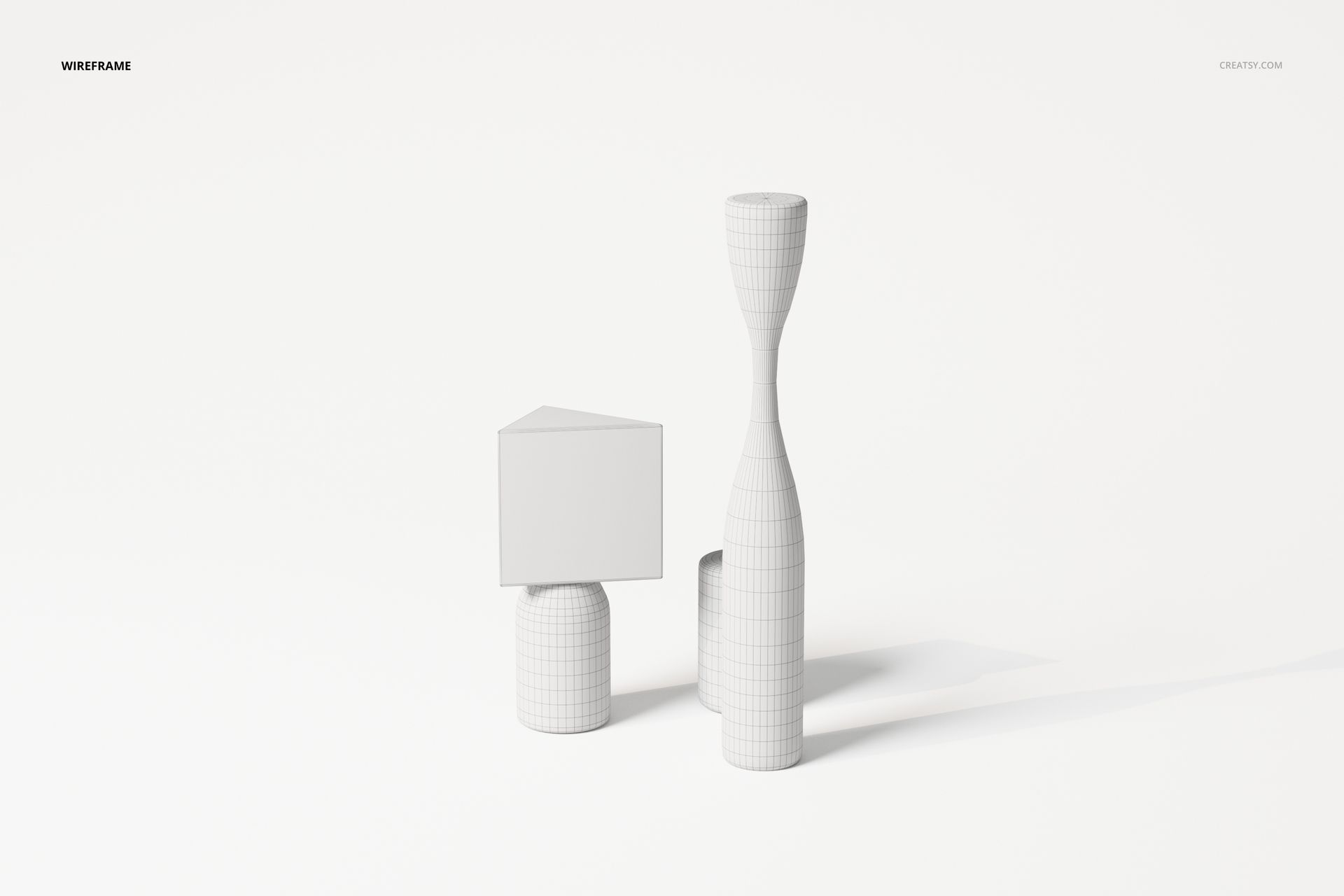 Front view of two cubist style decorative sculptures with geometric shapes and wireframe texture on white background.
