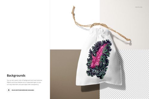 Linen drawstring pouch mockup displayed at an angle on a split background with beige, white, and transparent sections.