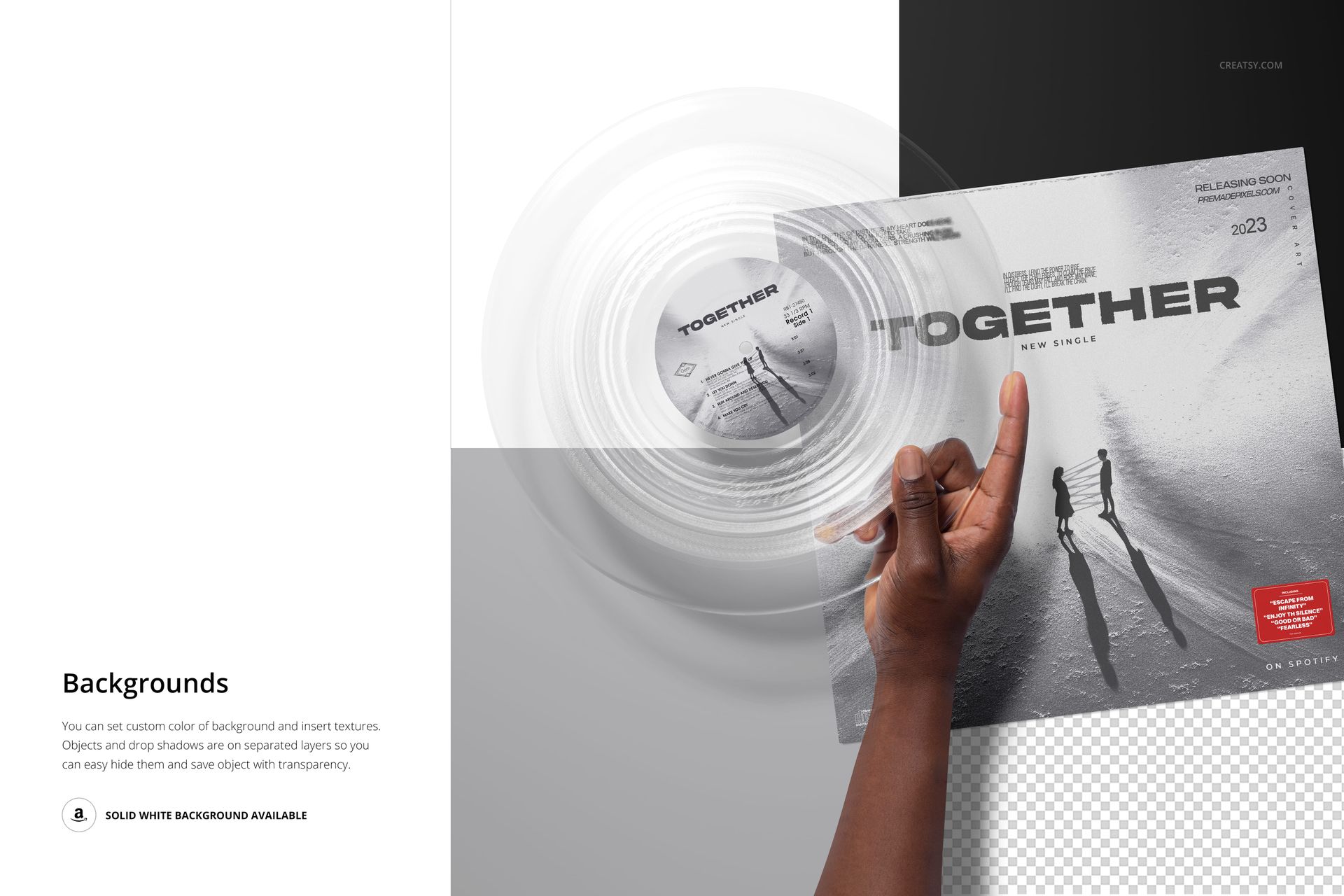 PSD mockup featuring a clear vinyl record in hand, positioned above an album cover with minimalistic scenery.