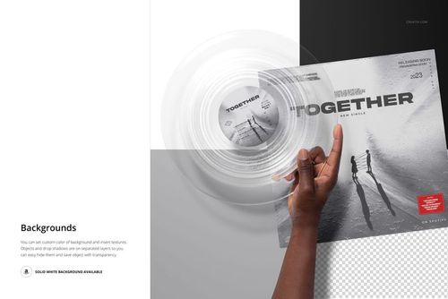 PSD mockup featuring a clear vinyl record in hand, positioned above an album cover with minimalistic scenery.