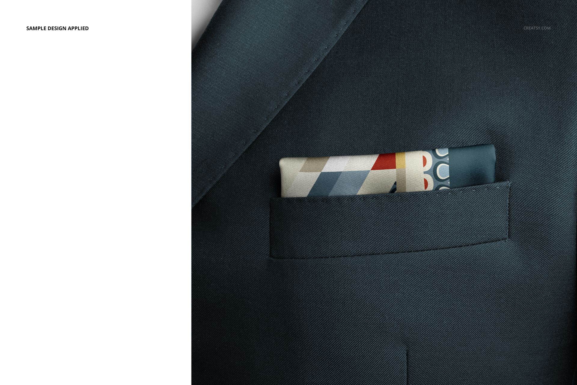 Pocket square mockup featuring a geometric patterned fabric tucked into the chest pocket of a dark suit jacket.