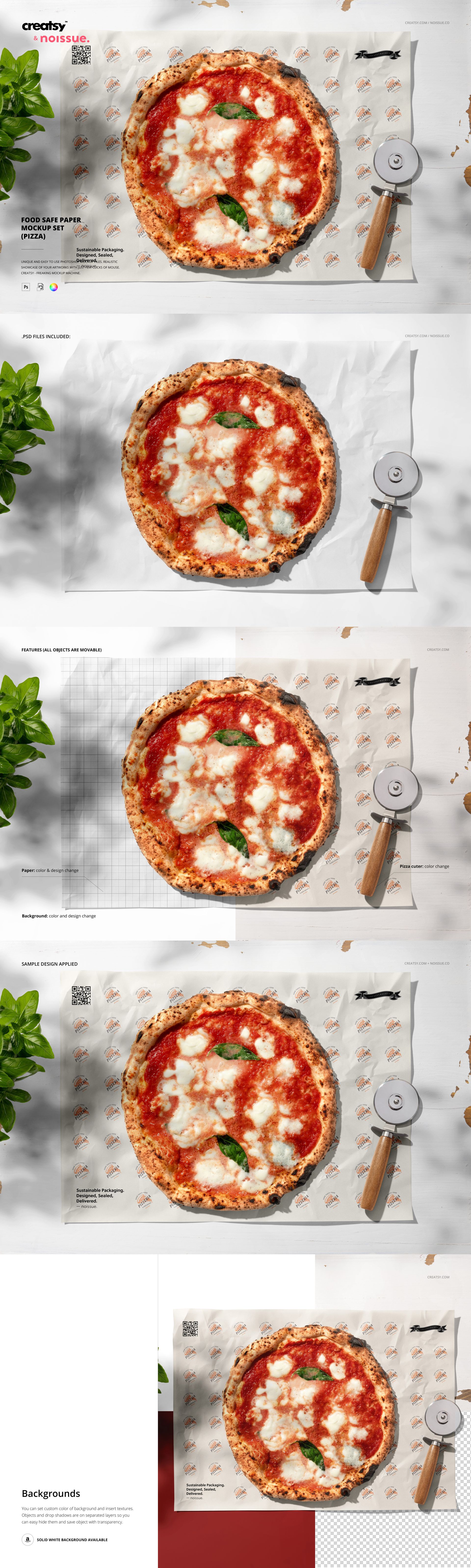 Overhead shot of a pizza on food safe wrapping paper mockup, with a metal pizza cutter and scattered basil leaves nearby.