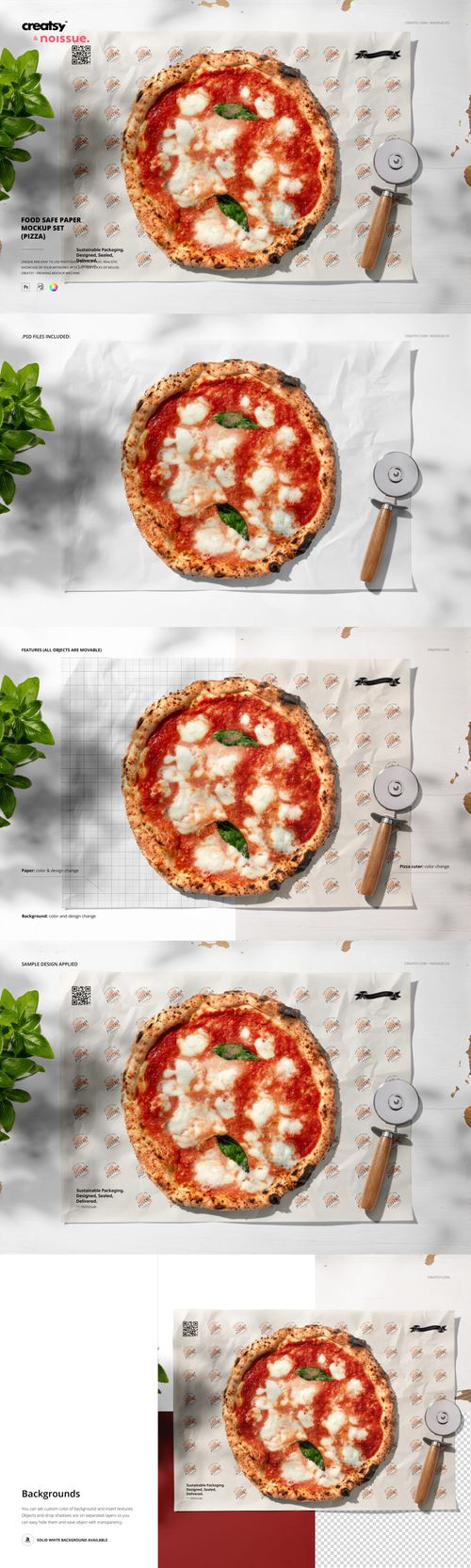 Overhead shot of a pizza on food safe wrapping paper mockup, with a metal pizza cutter and scattered basil leaves nearby.