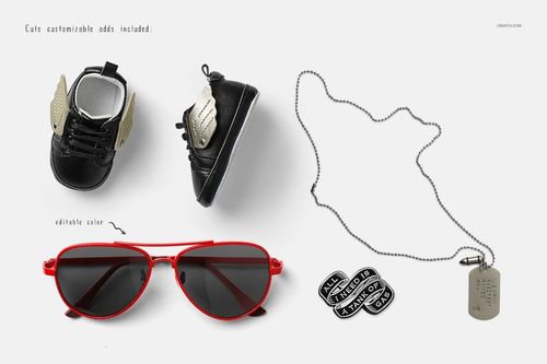 Kids rock set mockup featuring black baby shoes, red sunglasses, dog tag necklace, and round pins on white background.