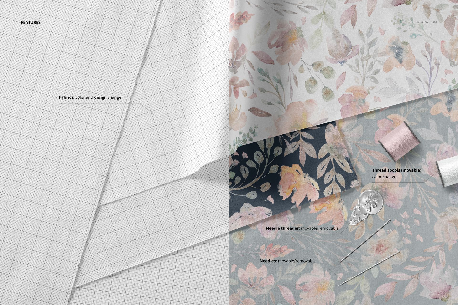 Textile mockup showing stacked fabric pieces with pastel floral designs, grid pattern, and sewing threads from above.