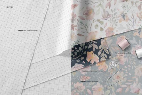 Textile mockup showing stacked fabric pieces with pastel floral designs, grid pattern, and sewing threads from above.