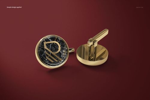 Pair of gold cufflinks on a burgundy background, front and back view, featuring a black marble effect and mockup design.