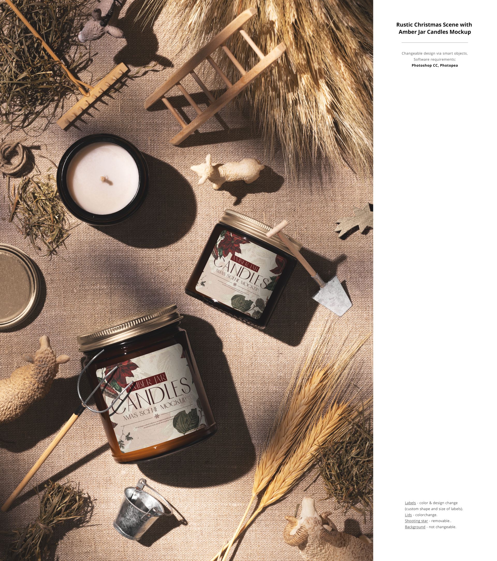 Christmas-themed amber jar candle mockup shown with miniature farm props, straw, and decorative animals.