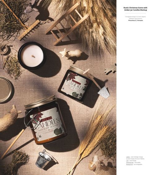 Christmas-themed amber jar candle mockup shown with miniature farm props, straw, and decorative animals.