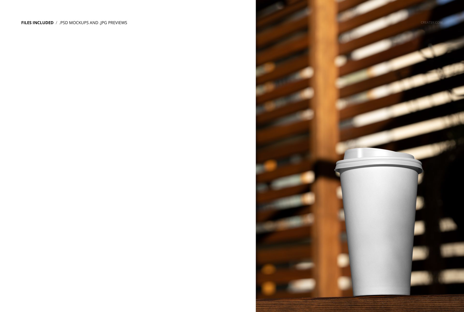 White disposable coffee cup with plastic lid placed against a backdrop of horizontal wooden blinds, PSD mockup scene.