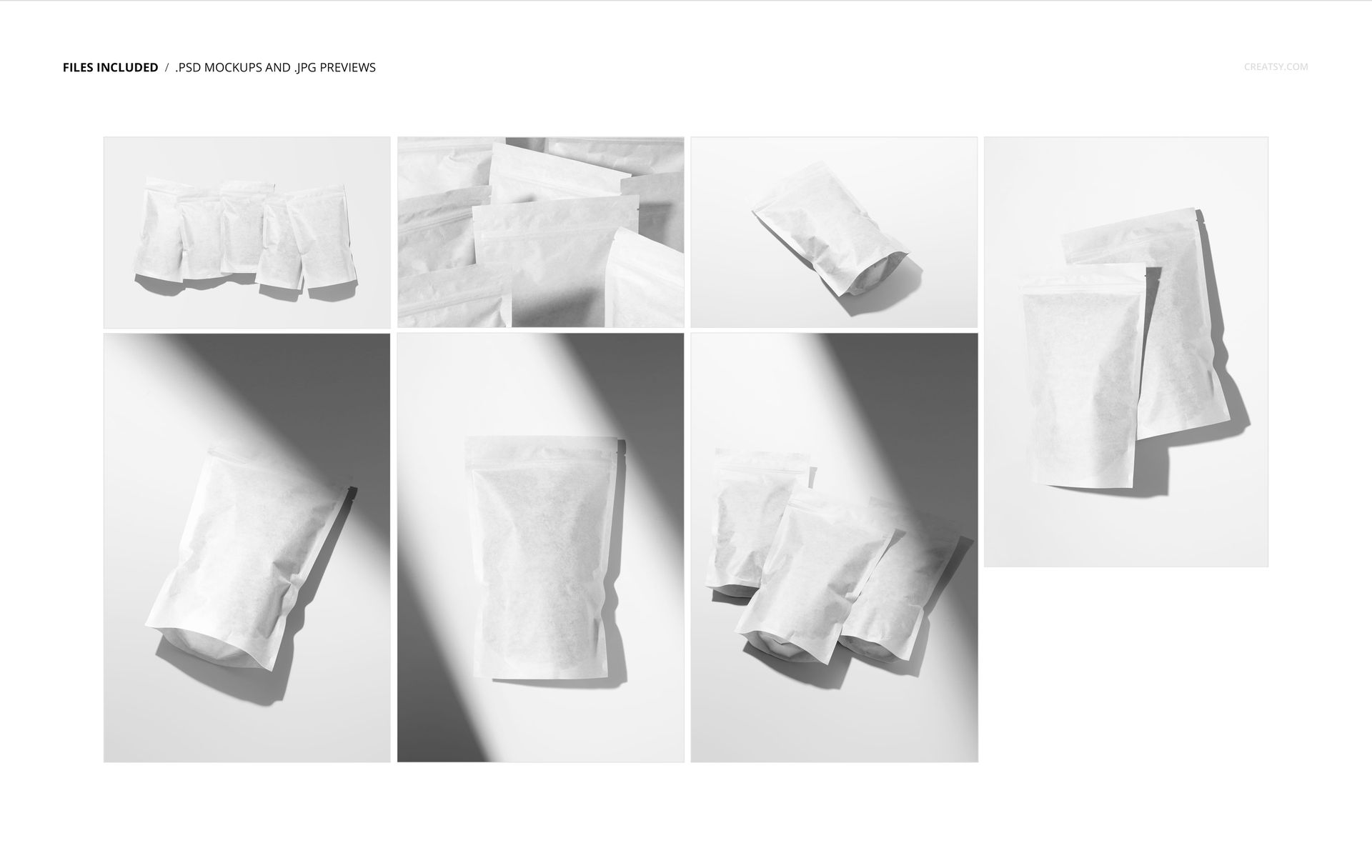 Set of white paper pouch packaging mockups arranged in a grid, featuring front and top views with strong shadows.