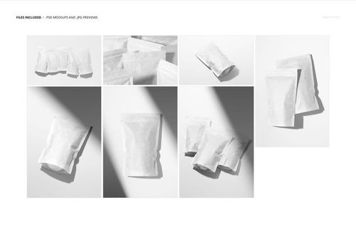 Set of white paper pouch packaging mockups arranged in a grid, featuring front and top views with strong shadows.