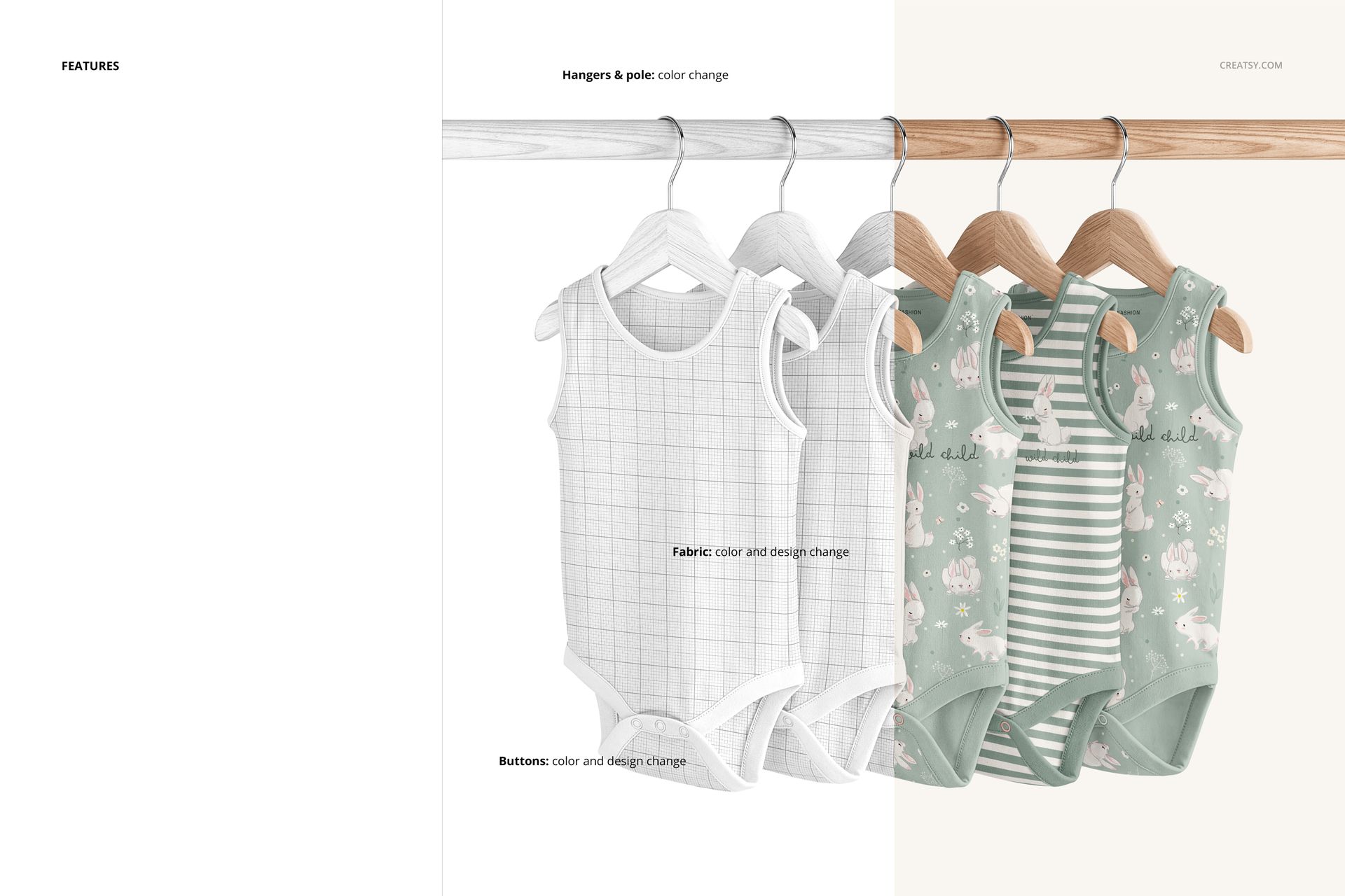 PSD mockup showing sleeveless baby bodysuits hanging on a wooden rod, with grid and animal print designs.