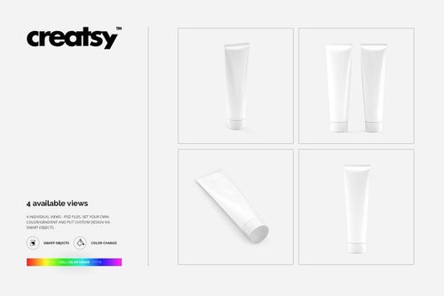 Cream tube PSD mockup set with four blank tubes arranged in separate squares, highlighting front, side, and top angles.