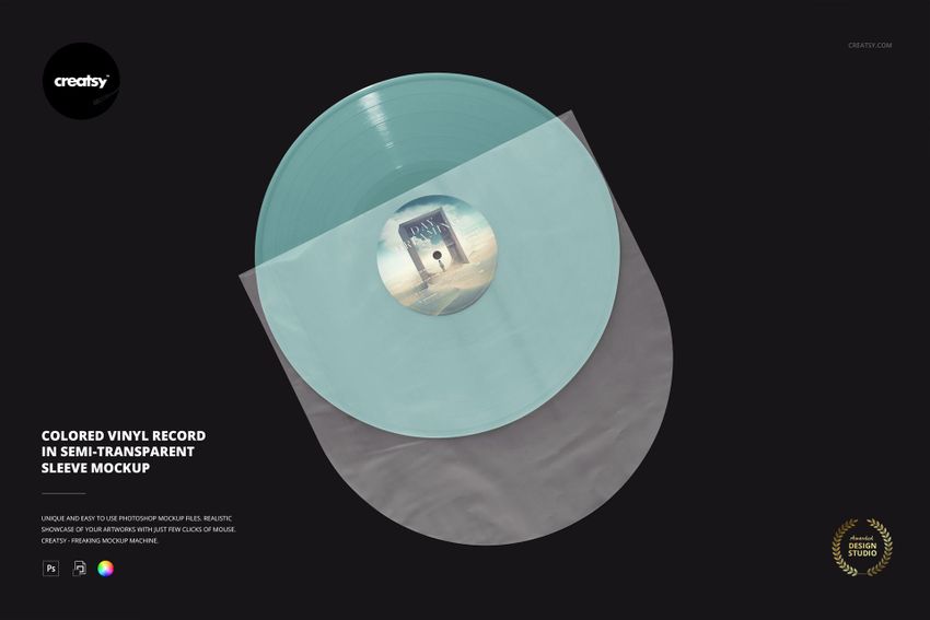 Top view of a colored vinyl record in a semi-transparent sleeve mockup, featuring a blue disc and dark backdrop.