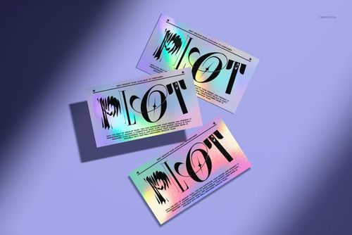 Set of three holographic business card mockups featuring iridescent colors and large black lettering, top view.