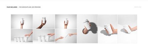 Paper coffee cup mockup set featuring a white cup with lid held by a hand, displayed in various perspectives.