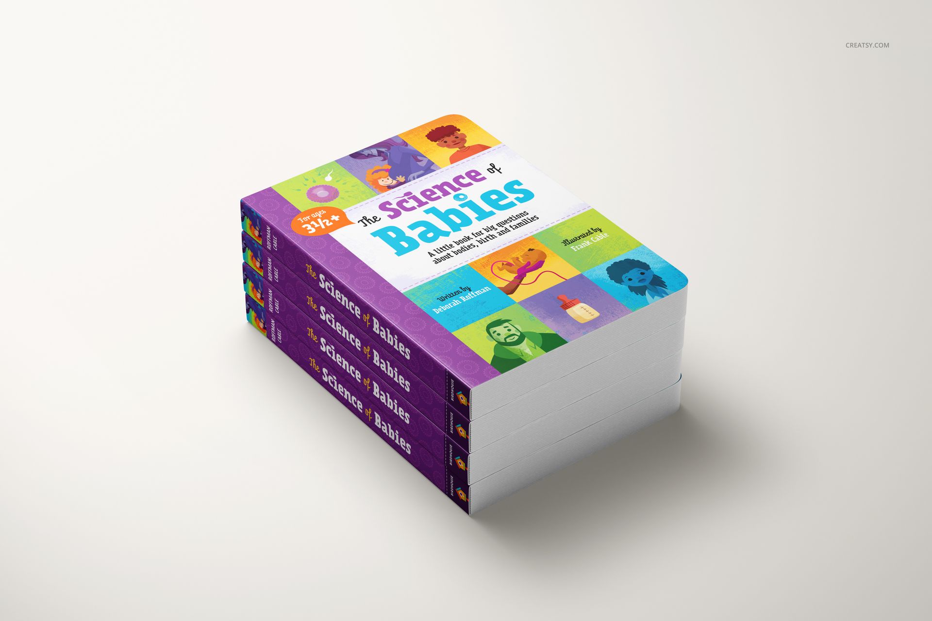 Board book PSD mockup featuring a pile of books with illustrated covers and purple edges, viewed from a slight side perspective.